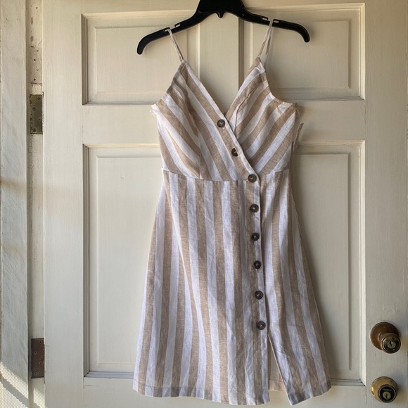Daisies Tan White Striped Button Down Dress Size S - Picture 3 of 6